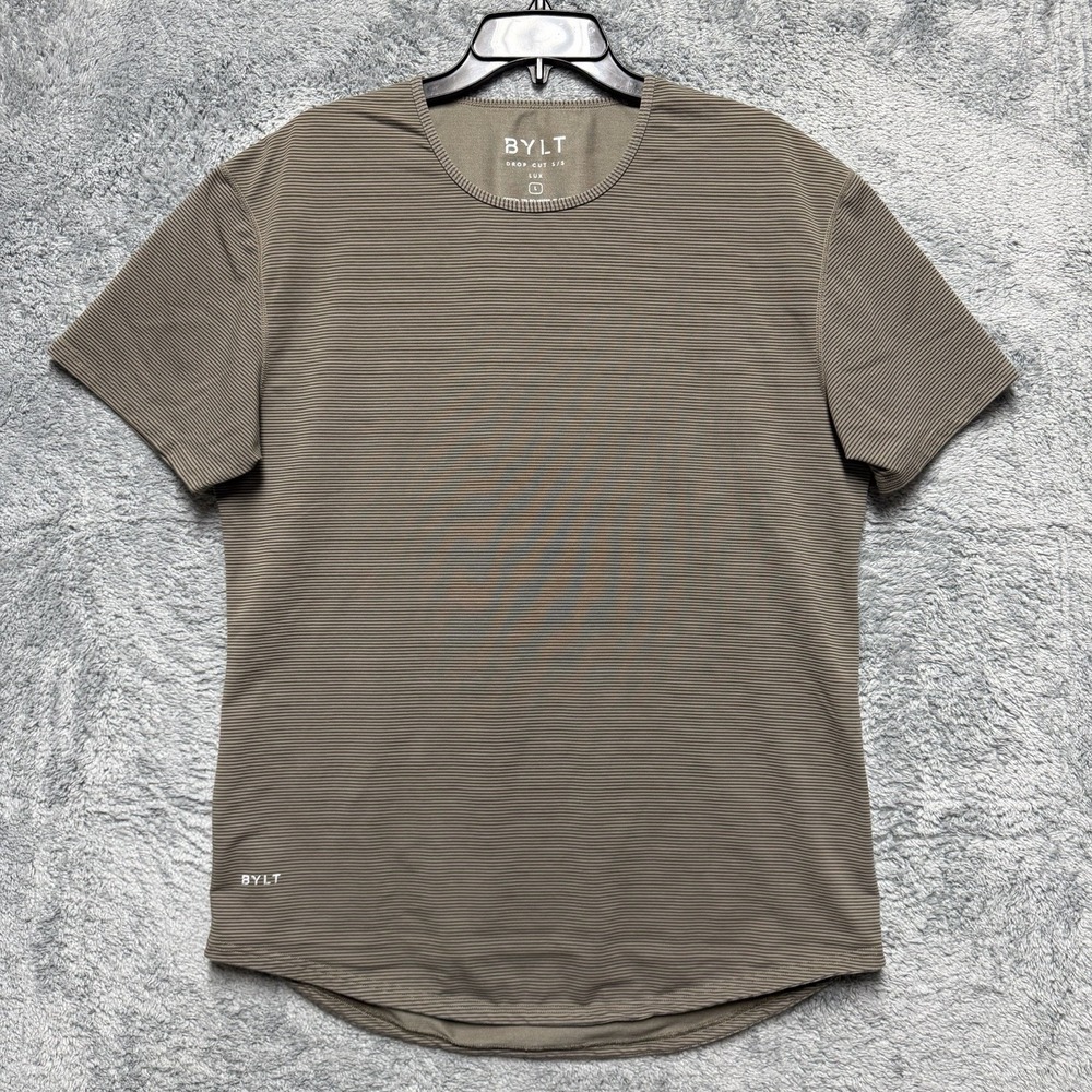 BYLT Shirt Mens L Taupe Striped Short Sleeve Drop Cut Lux Athletic Gym Stretch